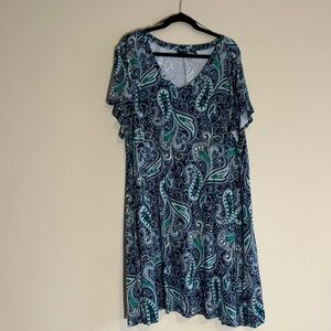 Tahari Dress Size 3X Navy, Blue, Green, White, Teal, Floral Design, V-Neck